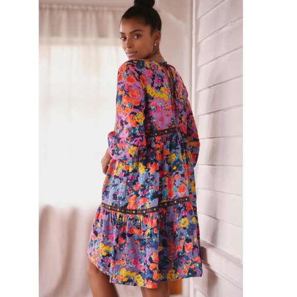 Anthro Tiered Puff Sleeve Cottagecore Prairie Boho Floral Midi Dress - Picture 1 of 9